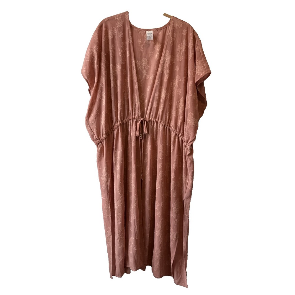 Time & Tru Sheer Pink Embroidered Kaftan Swim Cover Up‎ Maxi Dress 1X Boho Beach